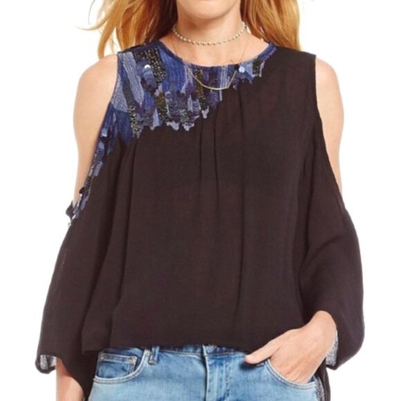 Free People All about you black blue embellished cold shoulder open back top S - Picture 1 of 9